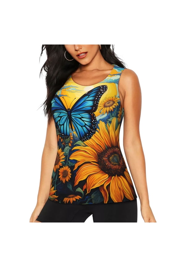 Colorful Cloud Butterfly Sunflower for Women's Workout Tank Top Sleeveless Workout Tops Athletic Gym Shirts-Medium