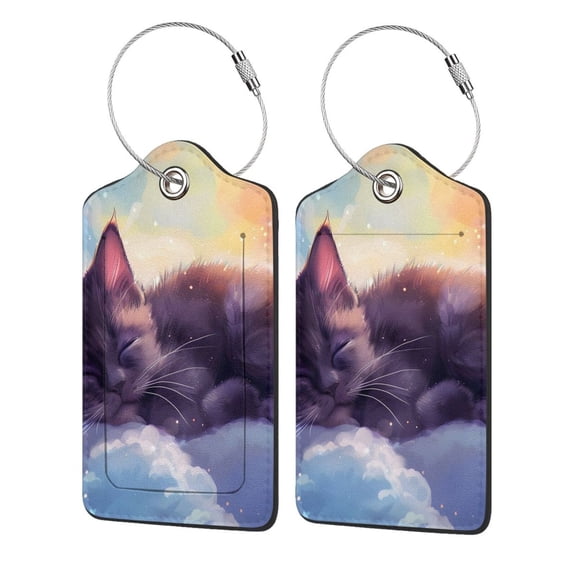 Hirioo Colorful Cloud Sleeping Cat Print Leather Luggage Tag with Stainless Steel Loop ,Privacy Flap and Address Card for Travel Bag Suitcase-1