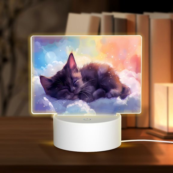 Hirioo Colorful Cloud Sleeping Cat for Rectangular Acrylic with Night Light Best Gifts for Lover Girl Mom, Valentine's Day Anniversary Birthday Wedding Present