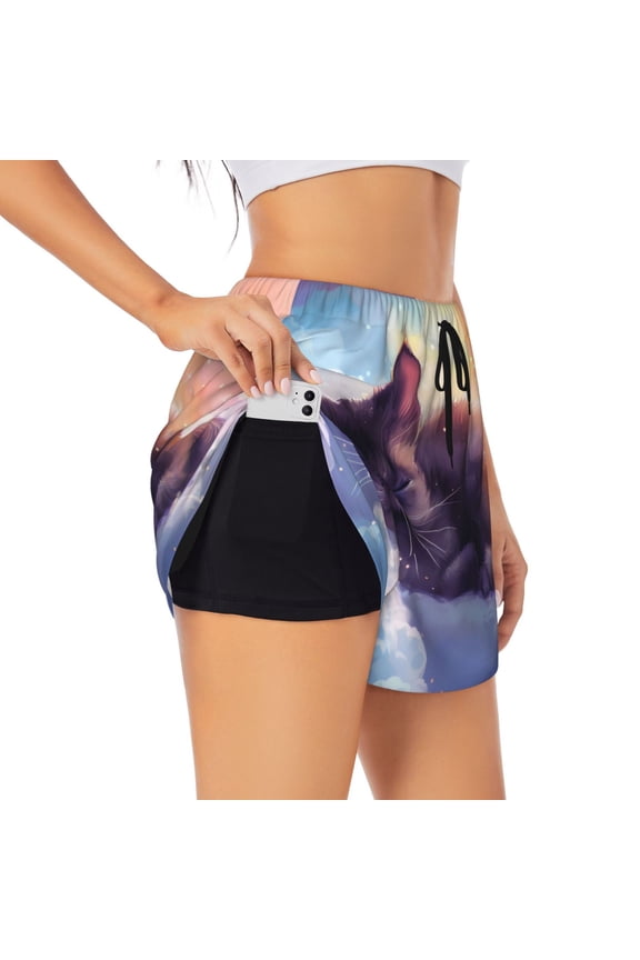 Colorful Cloud Sleeping Cat for Women's Double Layer Athletic Shorts High-Performance Gym Shorts with Inner Pocket, Elastic Waistband-Medium
