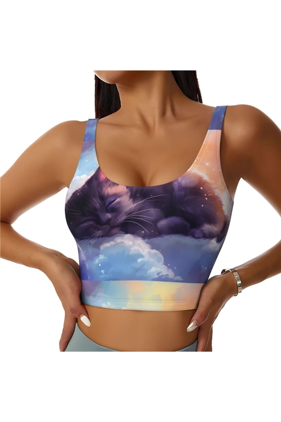 Colorful Cloud Sleeping Cat for Women's Sports Vest with Full-Print Design, Stretchy Fabric and Removable Pads-XX-Large