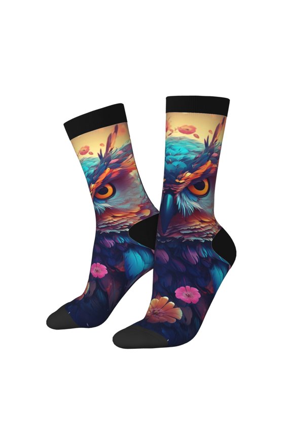 Colorful Feather Owl Pattern Adult Middle Tube Socks Breathable Sock Non-Pilling,Contrasting Color Design