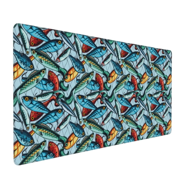 Hirioo Colorful Fishing Baits for Mouse Pad ,Anti-Slip Base, Durable Stitched Edges, Perfect for Gaming, Office, and Home Use,16x35.5in