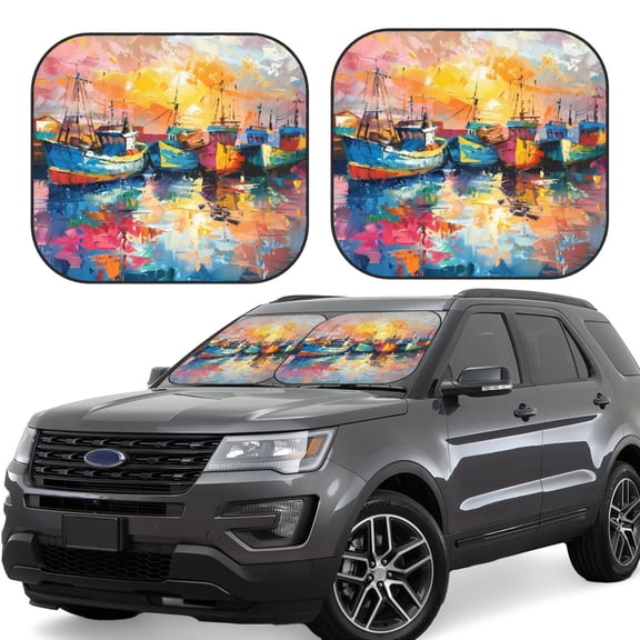 Hirioo Colorful Fishing Boats for 2PCS Windshield Sun Shade Foldable | Front Windshield Shade for Sun, Heat and UV Rays-Small