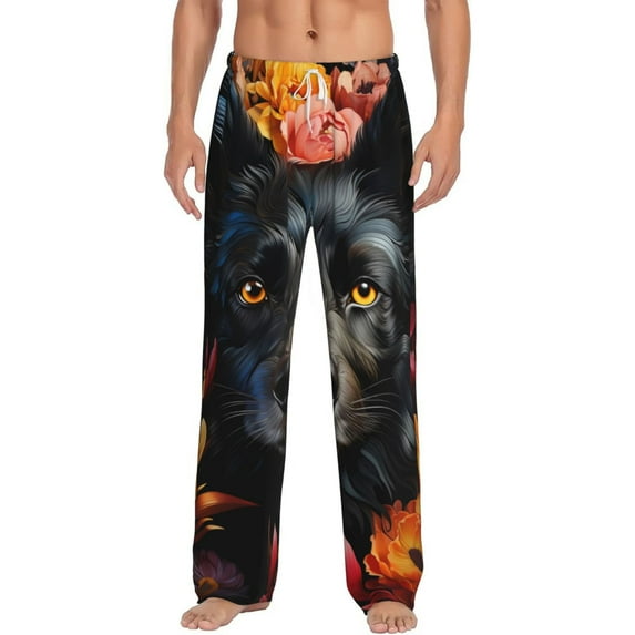Hirioo Colorful Floral Black Dog for Men's PJ Pajama Pants Sleep Pants Men's Home Trousers with Pockets,S-3XL-Large
