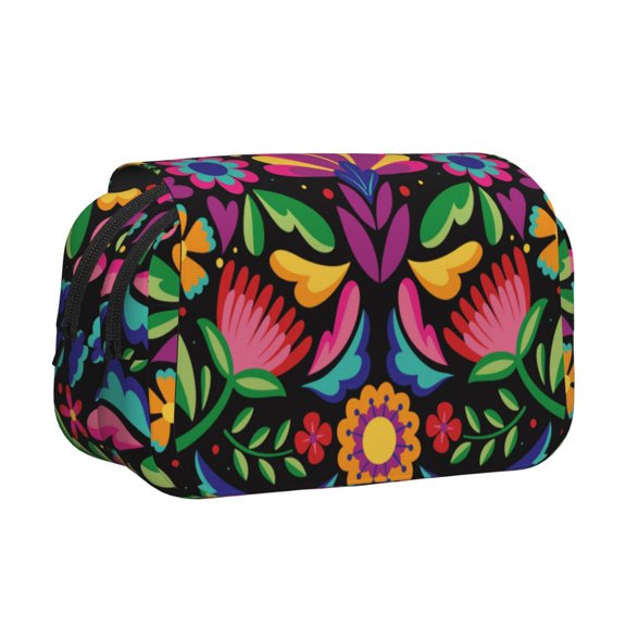 Hirioo Colorful Floral Embroidery Mexican for Large Grid Mesh Pencil Case with Zipper Stationery Organizer Case