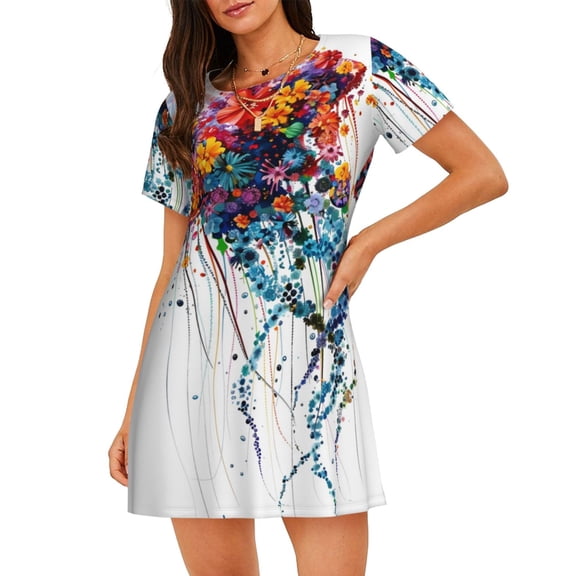 Hirioo Colorful Floral Jellyfish for Women’s Nightdress Comfortable Short Sleeve Nightwear Casual Sleep Dress