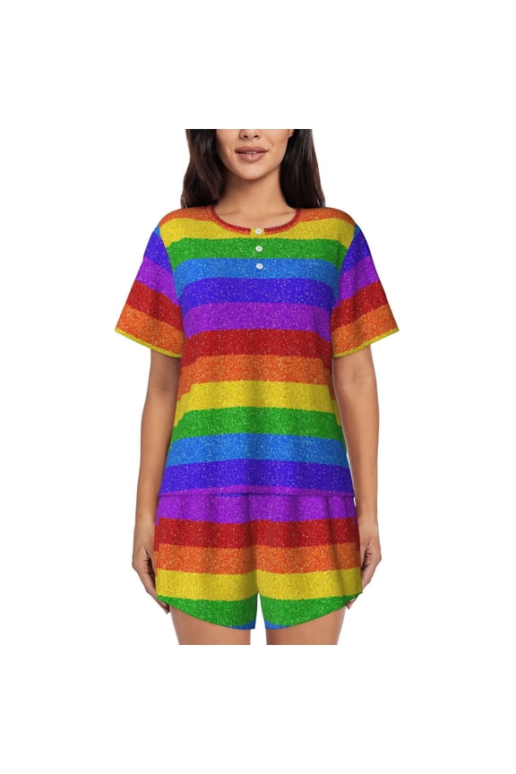 Colorful Glitter Rainbow for Women's 2 Piece Short-Sleeved Pajama PJ Sets for Women Shorts with Pockets Womens Lounge Set-Medium