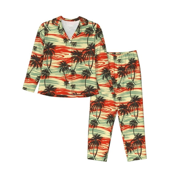 Hirioo Colorful Hawaii Palms for Women's Pajama Sets 2 Piece Pjs Women's Long-Sleeved Pajama Set Button Down Sleepwear,S-XXL-Large