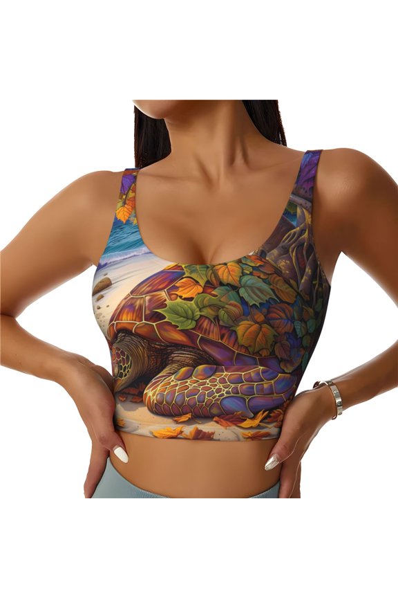 Colorful Maple Leaf Beach Turtle for Women's Sports Vest with Full-Print Design, Stretchy Fabric and Removable Pads-Medium