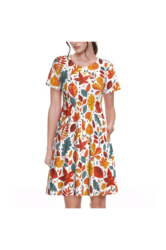 Colorful Maple Leaves for Short Sleeve Dress Women's Short Sleeve Dress with Pockets