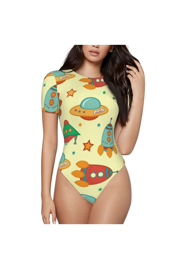 Colorful Outer Space for Women's Round Neck Short-sleeved Onesie Basic Bodysuits-Medium