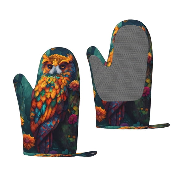 Hirioo Colorful Owl Forest for Silicone Oven Mitts for BBQ, Baking, Cooking, Set of 2, Heat Resistant 260℃, Non-Slip Kitchen Essentials