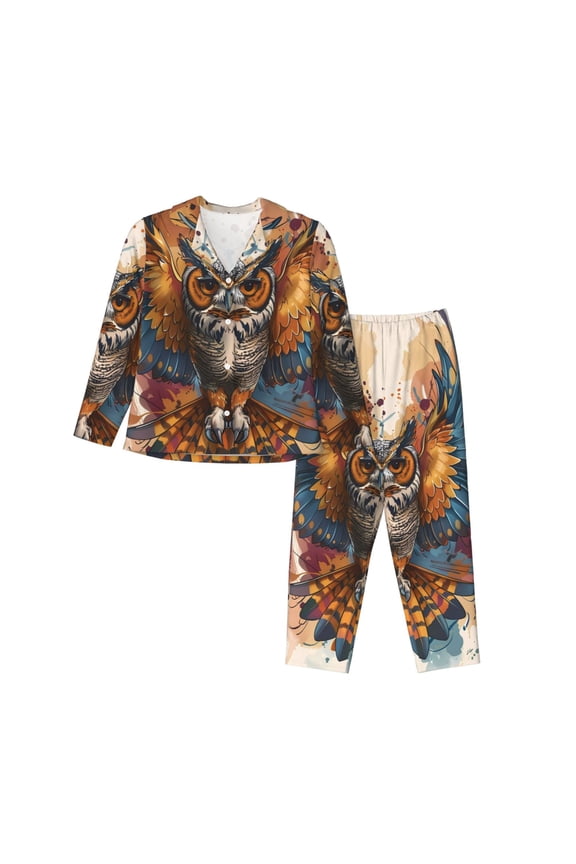 Colorful Owl Tattoo Art for Women's Pajama Sets 2 Piece Pjs Women's Long-Sleeved Pajama Set Button Down Sleepwear,S-XXL-Large