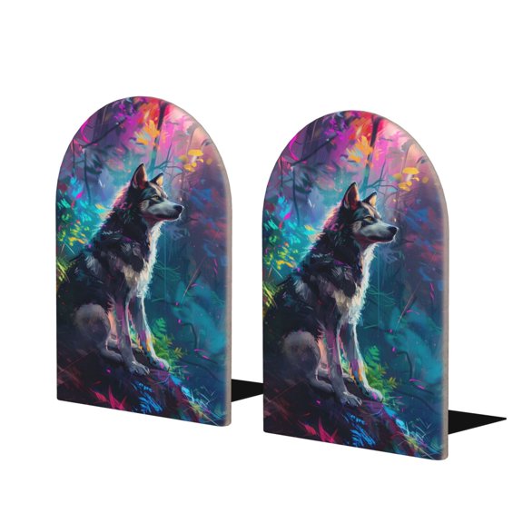 Hirioo Colorful Plant Wolf for Bookends Decorative Bookends for Shelves for Home or Office, Non-Slip Base
