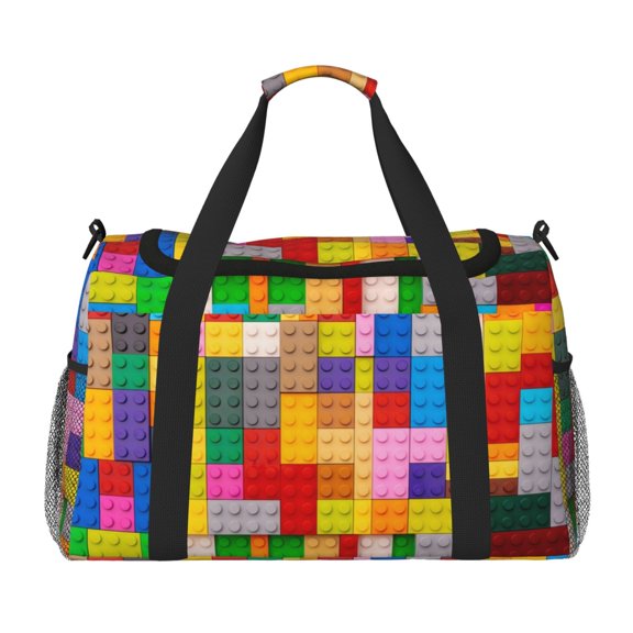 Hirioo Colorful Plastic Blocks Pattern Hand Travel Bag for Men Women,Durable and Spacious Travel Bag with Multiple Pockets for Work, Travel, Weekend Getaways