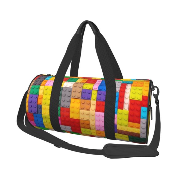 Hirioo Colorful Plastic Blocks Pattern for Round Large Capacity Travel Luggage Bag Weekend Getaway Bag for Gym Beach Swim Bag Men Women