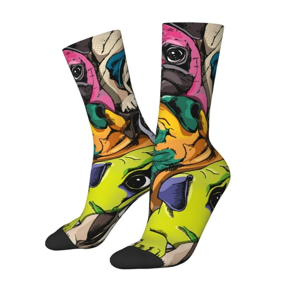 Hirioo Colorful Pug Pattern Adult Middle Tube Socks Breathable Sock Non-Pilling,Contrasting Color Design