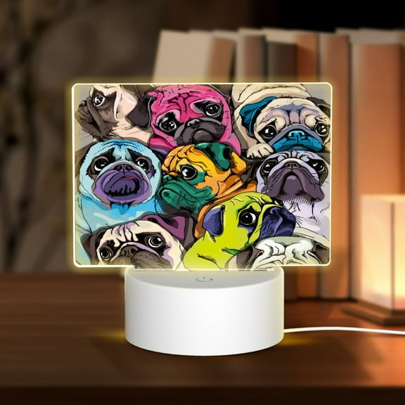 Hirioo Colorful Pug for Rectangular Acrylic with Night Light Best Gifts for Lover Girl Mom, Valentine's Day Anniversary Birthday Wedding Present