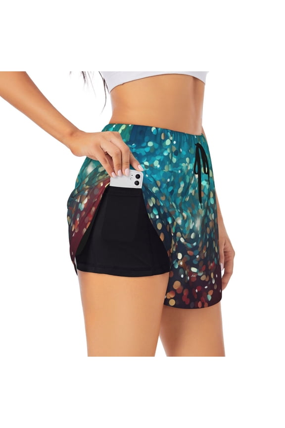 Colorful Rainbow Glitter for Women's Double Layer Athletic Shorts High-Performance Gym Shorts with Inner Pocket, Elastic Waistband-Medium