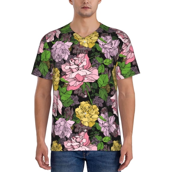 Hirioo Colorful Roses for Men's Baseball T-shirt Shirts Short Sleeve Casual Summer Button Stretch T Shirts,Size S-4XL-3X-Large