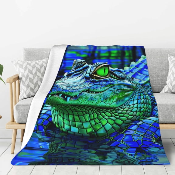 Hirioo Colorful Stained Glass Crocodile for Flannel Blanket, Cozy and Warm Throw for Bed or Couch ,Perfect for All Seasons-80"x60"