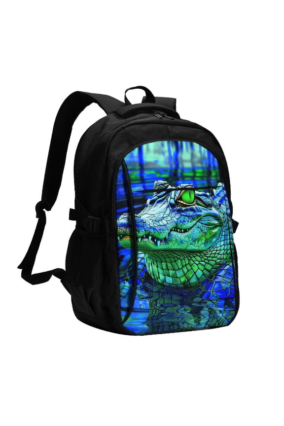 Colorful Stained Glass Crocodile for Travel Laptop Backpack with USB Charging Port for Men and Women
