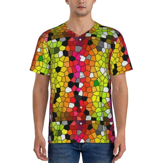 Hirioo Colorful Tie Dye Stained Glass 1 for Men's Baseball T-shirt Shirts Short Sleeve Casual Summer Button Stretch T Shirts,Size S-4XL-