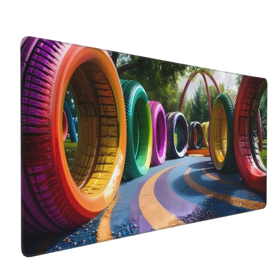 Hirioo Colorful Tire Tunnel Park for Mouse Pad ,Anti-Slip Base, Durable Stitched Edges, Perfect for Gaming, Office, and Home Use,16x35.5in