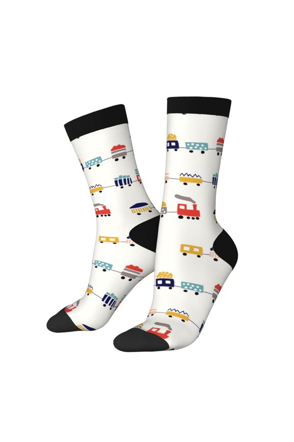 Colorful Trains Pattern Adult Middle Tube Socks Breathable Sock Non-Pilling,Contrasting Color Design