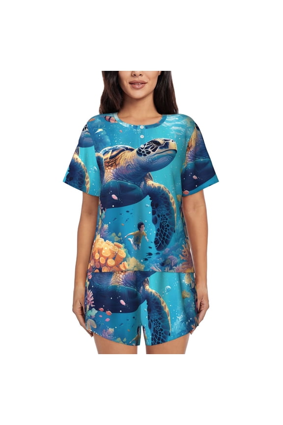 Colorful Underwater Plant Turtle for Women's 2 Piece Short-Sleeved Pajama PJ Sets for Women Shorts with Pockets Womens Lounge Set-4X-Large