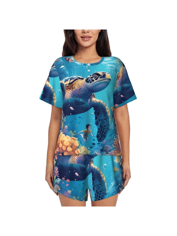 Colorful Underwater Plant Turtle for Women's 2 Piece Short-Sleeved Pajama PJ Sets for Women Shorts with Pockets Womens Lounge Set-Medium