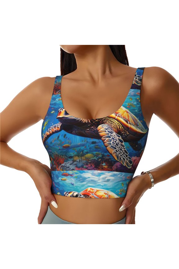 Colorful Underwater Sea Turtle for Women's Sports Vest with Full-Print Design, Stretchy Fabric and Removable Pads-Small