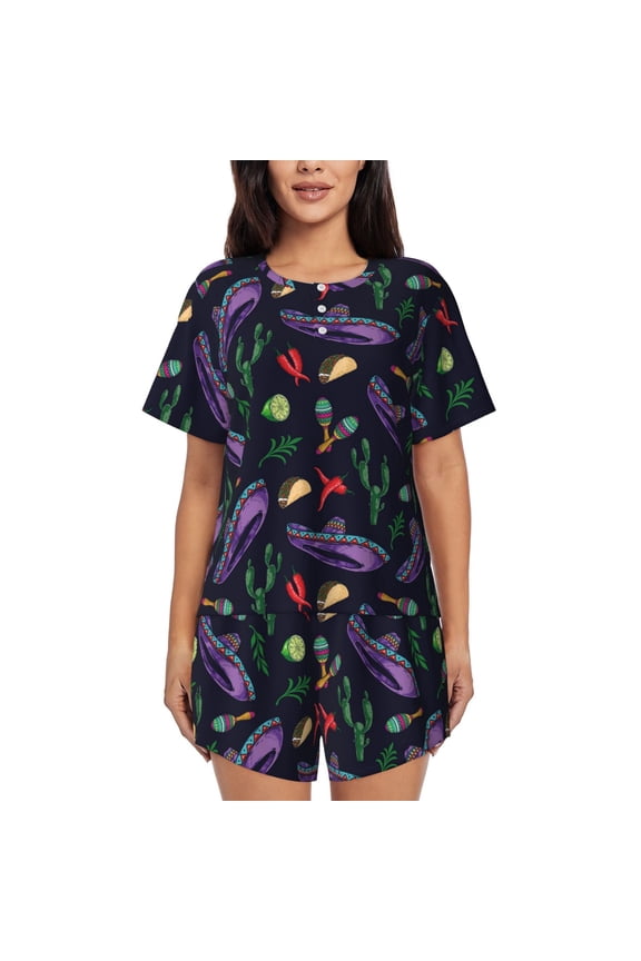 Colorful Vintage Cactuses for Women's 2 Piece Short-Sleeved Pajama PJ Sets for Women Shorts with Pockets Womens Lounge Set-