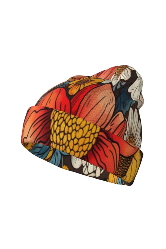 Colorful Vintage Floral Pattern for Men's Knit Cuffed Beanie for Outdoor Activities Unisex