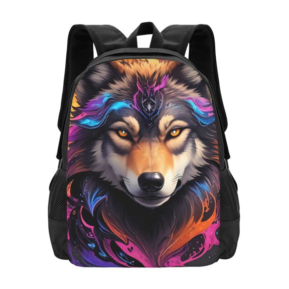 Hirioo Colorful Wolf Head for Minimalist Backpack Large Capacity Backpack Travel Backpack For School