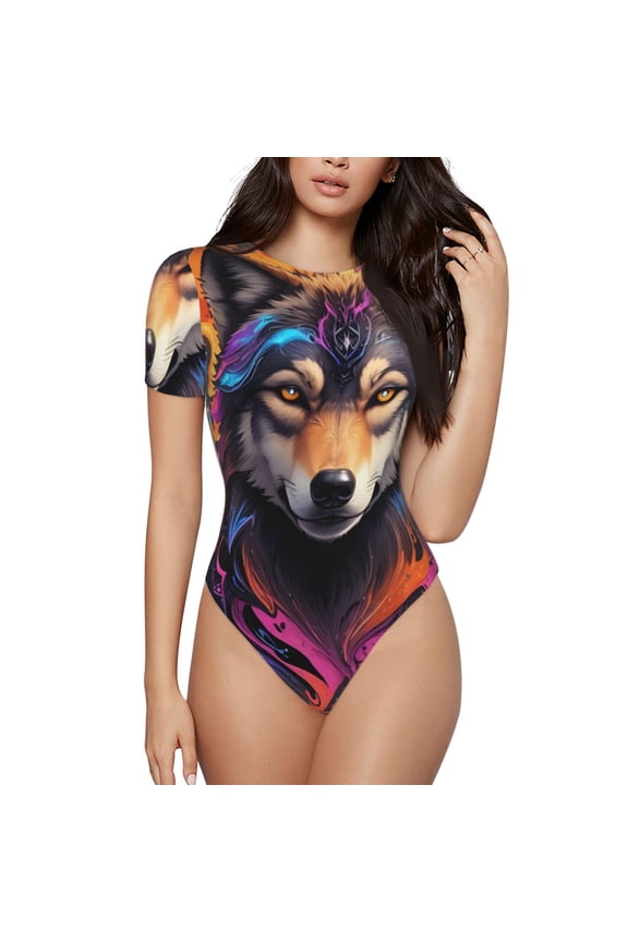 Colorful Wolf Head for Women's Round Neck Short-sleeved Onesie Basic Bodysuits-XX-Large