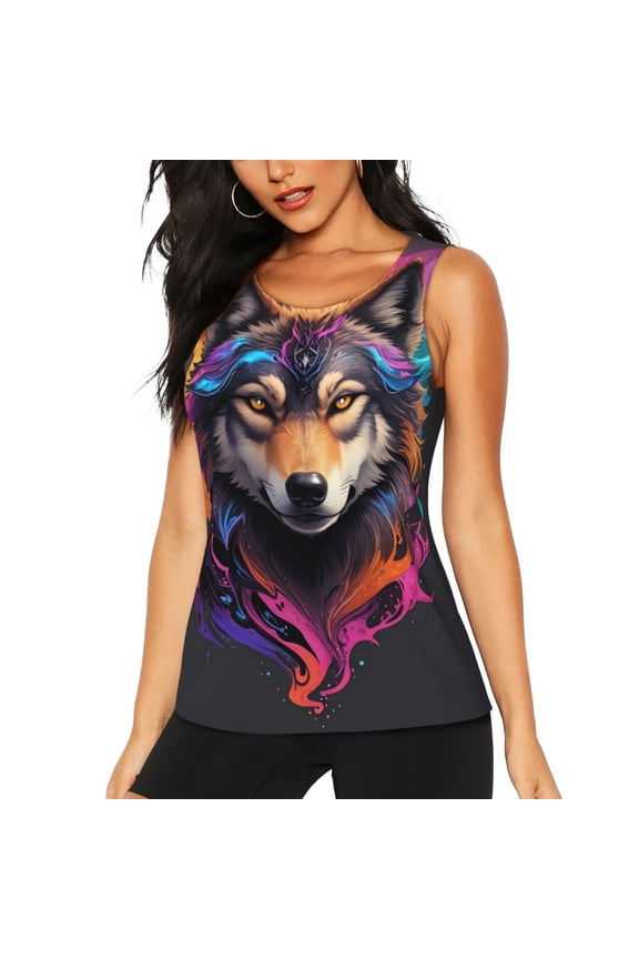 Colorful Wolf Head for Women's Workout Tank Top Sleeveless Workout Tops Athletic Gym Shirts-X-Large