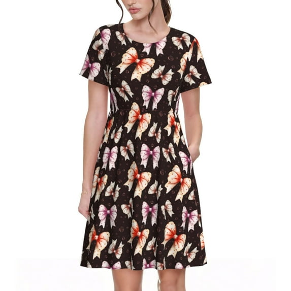 Hirioo Colorful bow with polka dots for Short Sleeve Dress Women's Short Sleeve Dress with Pockets