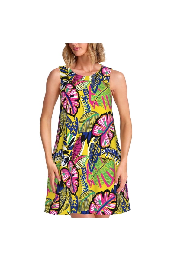 Colrful Tropical Leaves for Sleeveless Dress Women's Sleeveless dress with Pockets