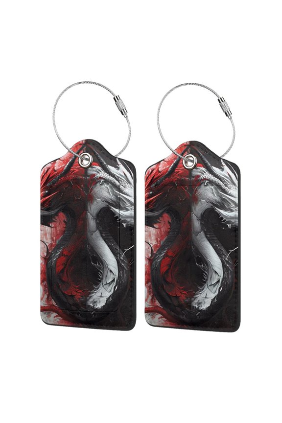 Cool Black And White Dragon Print Leather Luggage Tag with Stainless Steel Loop ,Privacy Flap and Address Card for Travel Bag Suitcase-2 PCS