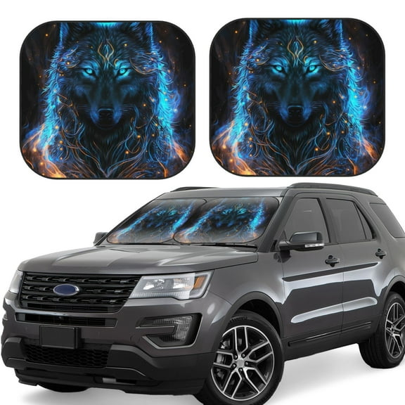 Hirioo Cool Blue Light Wolf for 2PCS Windshield Sun Shade Foldable | Front Windshield Shade for Sun, Heat and UV Rays-Large