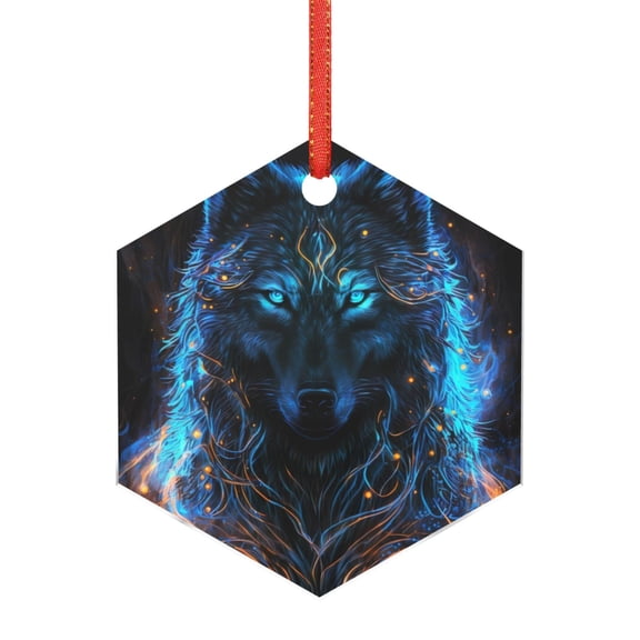 Hirioo Cool Blue Light Wolf for Acrylic Christmas Pendant Hanging Christmas Tree Ornaments, Car, Home, Office Gift Decor-Hexagon