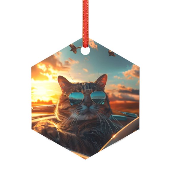 Hirioo Cool Cat Driving Sunset for Acrylic Christmas Pendant Hanging Christmas Tree Ornaments, Car, Home, Office Gift Decor-Hexagon