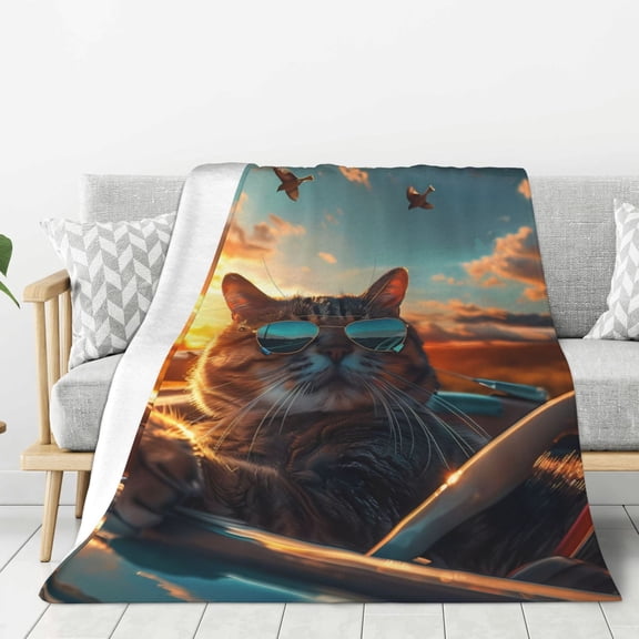 Hirioo Cool Cat Driving Sunset for Flannel Blanket, Cozy and Warm Throw for Bed or Couch ,Perfect for All Seasons-40"x30"