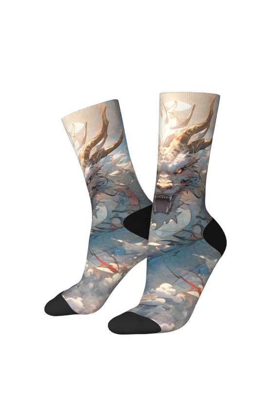 Cool Cloud White Dragon Pattern Adult Middle Tube Socks Breathable Sock Non-Pilling,Contrasting Color Design