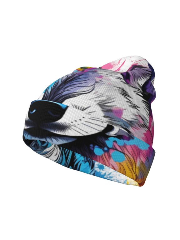 Cool Colorful Wolf for Men's Knit Cuffed Beanie for Outdoor Activities Unisex