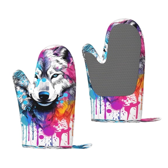 Hirioo Cool Colorful Wolf for Silicone Oven Mitts for BBQ, Baking, Cooking, Set of 2, Heat Resistant 260, Non-Slip Kitchen Essentials