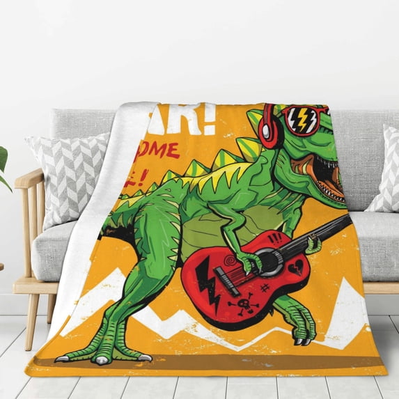 Hirioo Cool Dinosaur Playing Guitar for Flannel Blanket, Cozy and Warm Throw for Bed or Couch ,Perfect for All Seasons-40"x30"