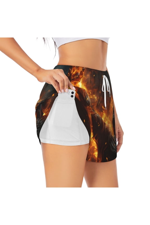 Cool Fire Man for Women's Double Layer Athletic Shorts High-Performance Gym Shorts with Inner Pocket, Elastic Waistband-Large
